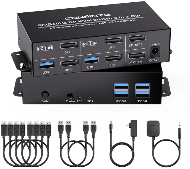 Main image of 8K@60Hz Displayport KVM Switch 2 Monitors 2 Computers, with 4 USB 3.0 Ports for 2 Computers Sharing Dual Monitors Keyboard Mouse Printer with 4 DP Cables, 2 USB Cables, Power Adapter and Controller