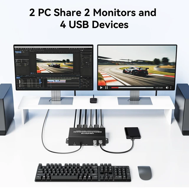Alt view image 2 of 5 - 8K@60Hz Displayport KVM Switch 2 Monitors 2 Computers, with 4 USB 3.0 Ports for 2 Computers Sharing Dual Monitors Keyboard Mouse Printer with 4 DP Cables, 2 USB Cables, Power Adapter and Controller