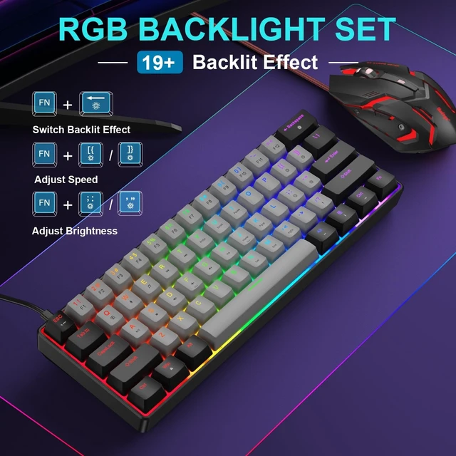 Alt view image 3 of 5 - BlueFinger 60% Mechanical Gaming Keyboard and Mouse Combo - RGB Rainbow Backlit 61 Keys Red Switch Keyboard & 4 DPI LED Gaming Mouse, USB Wired Set for PC Laptop Xbox PS4 PS5, White (Black & Gray)