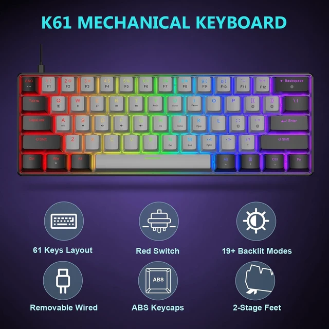 Alt view image 4 of 5 - BlueFinger 60% Mechanical Gaming Keyboard and Mouse Combo - RGB Rainbow Backlit 61 Keys Red Switch Keyboard & 4 DPI LED Gaming Mouse, USB Wired Set for PC Laptop Xbox PS4 PS5, White (Black & Gray)