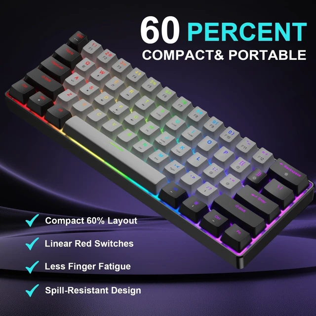 Alt view image 5 of 5 - BlueFinger 60% Mechanical Gaming Keyboard and Mouse Combo - RGB Rainbow Backlit 61 Keys Red Switch Keyboard & 4 DPI LED Gaming Mouse, USB Wired Set for PC Laptop Xbox PS4 PS5, White (Black & Gray)