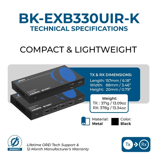 Alt view image 5 of 5 - OREI 8K HDBaseT HDMI Balun 330ft, KVM, Bi-IR, RS-232, PoC, Dolby Atmos, VRR