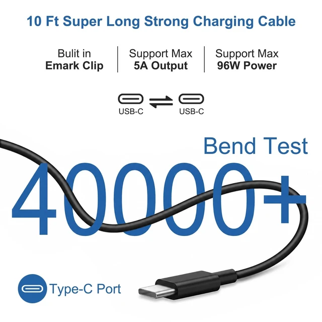 Alt view image 2 of 5 - 10FT Mac Book Pro Air Charger, Long Type C Charging Cable with 96W 87W 61W USB Type C(USB-C) Fast Power Adapter, Compatible with MacBook Air Pro and All USB-C Devices, Black