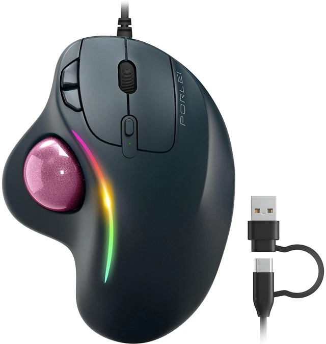 Main image of PORLEI Wired Ergonomic Trackball Mouse, 34mm Thumb Control, RGB Lighting