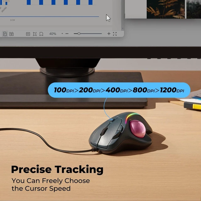 Alt view image 2 of 5 - PORLEI Wired Ergonomic Trackball Mouse, 34mm Thumb Control, RGB Lighting