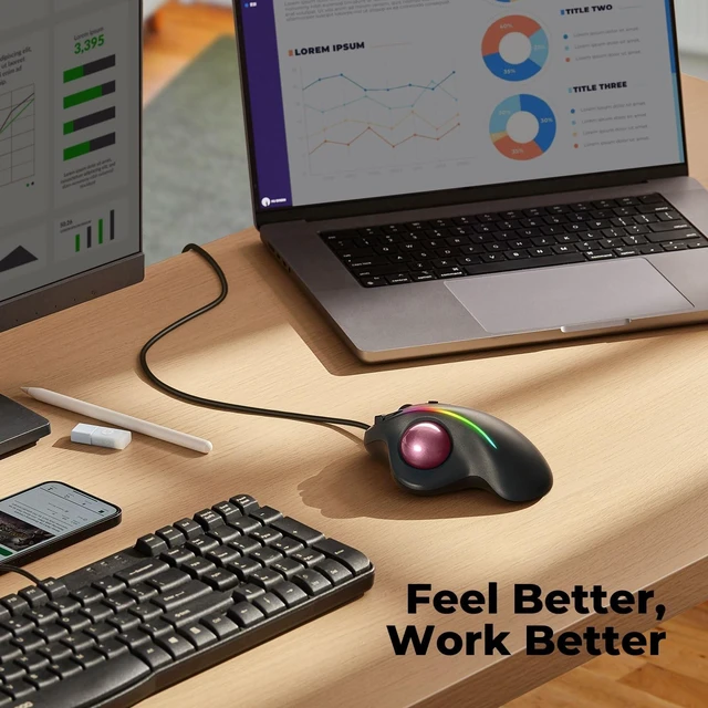 Alt view image 5 of 5 - PORLEI Wired Ergonomic Trackball Mouse, 34mm Thumb Control, RGB Lighting