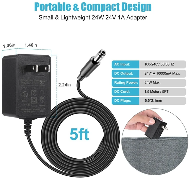 Alt view image 3 of 5 - 24V 1A Power Supply Adapter, UL-Listed, 100-240V AC to DC Adapter Transformer, 24 Volt 1 Amp 24W Wall Charger for LED Strip Lights, Security Camera, 5.5x2.1mm US Plug (5 Pack)