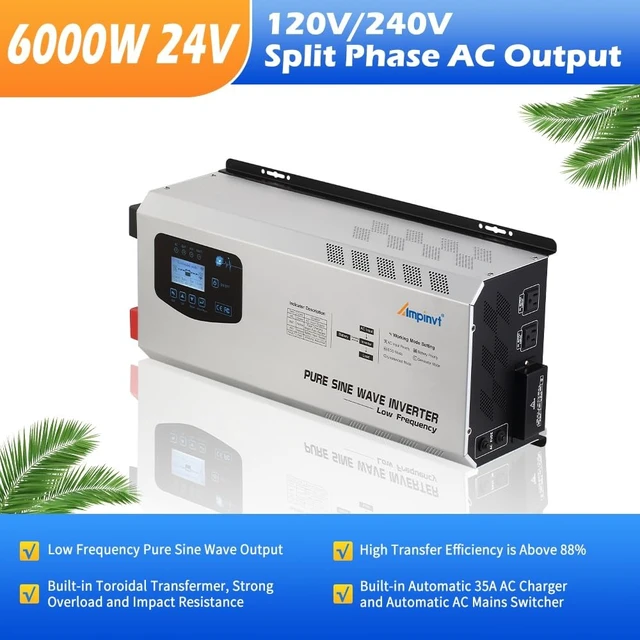 Alt view image 2 of 5 - Ampinvt 6000W Peak 18000watts Pure Sine Wave Power Inverter 24V DC to AC 120V 240V Split Phase with Battery AC Charger,Off Grid Low Frequency Solar Inverter for Home