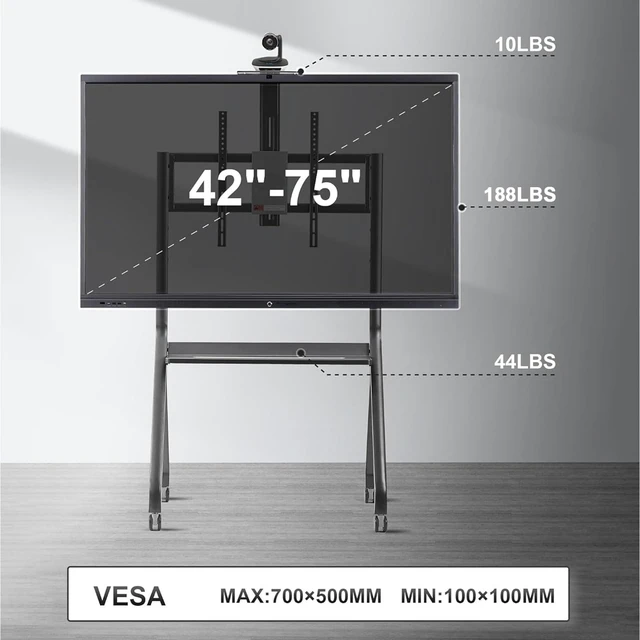 Alt view image 2 of 5 - Smart Board Stand with Camera Tray Fits 42"-75" Screens, Interactive Whiteboard Stand with 360 Rotating Wheels Holds 300LBS, Height Adjustable,Mobile Stand for Home, Office & Classroom