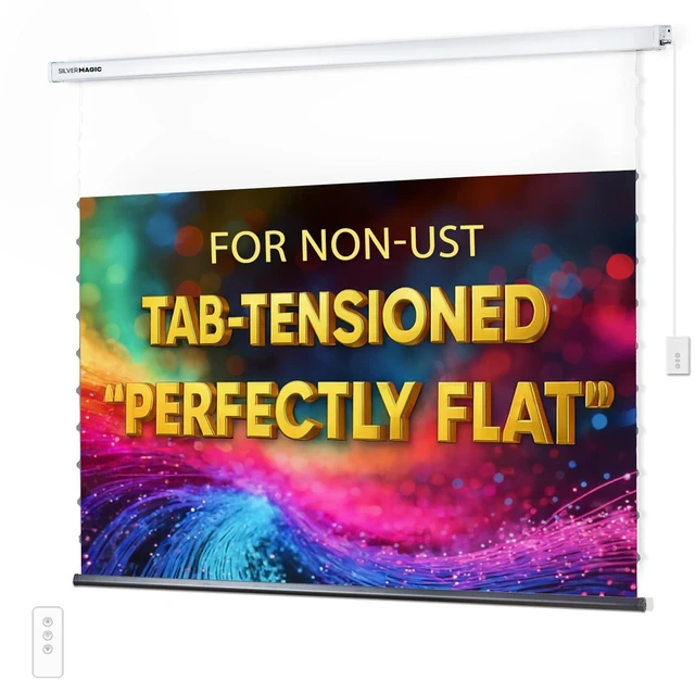 Main image of ALR Tensioned Motorized Projector Screen by SilverMagic - Tab Tensioned and Modern Design Gray Screen with White Aluminum case for Home Theater/Living Room/Patio/Office/Classroom - 120 inch 16:9
