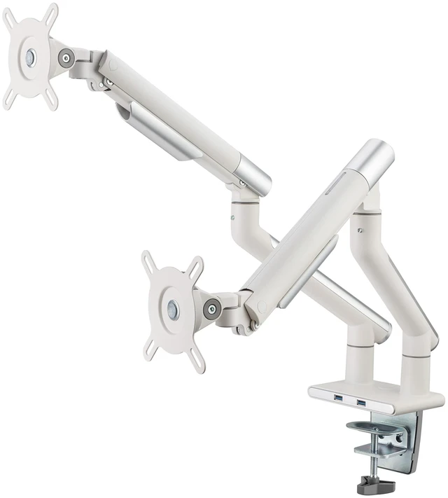 Main image of POUT E12 Dual Monitor Arm Mount Stand Adjustable Full Motion Desk Mount for 17-32 Screens, Supports 4-22lbs per Arm, VESA 75x75mm & 100x100mm (White/Silver)