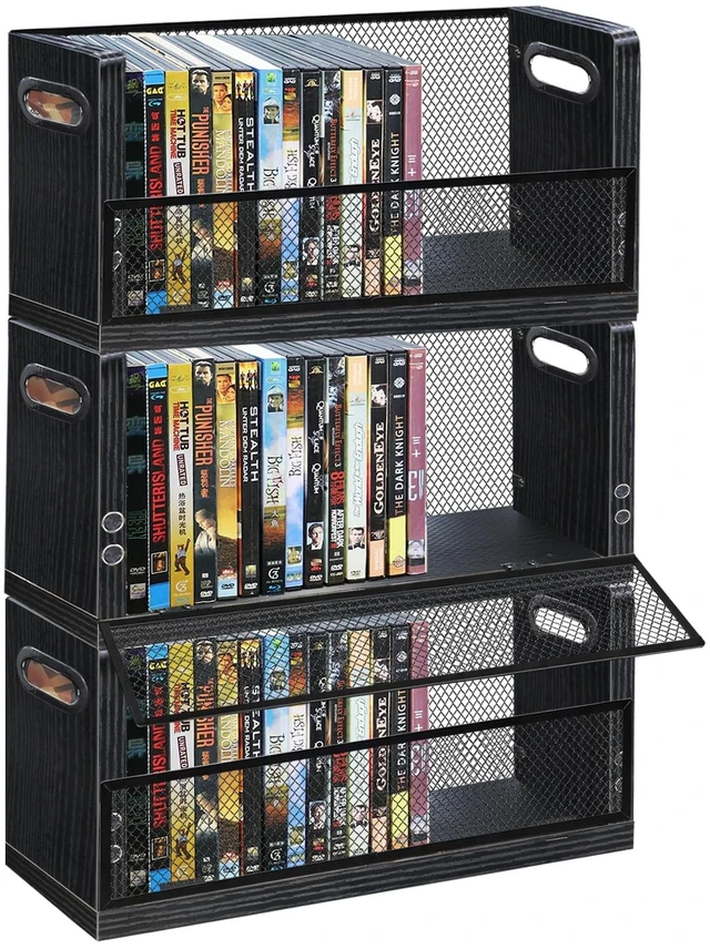 Main image of PUTNATRURE DVD CD Storage Rack 3 Pack, Holds 84 DVDs Total, Stackable DVD Tower with Magnetic Opening Door for Easy Access, Black Desktop Organizer for Blu ray, Video Game Cases, VHS Tapes