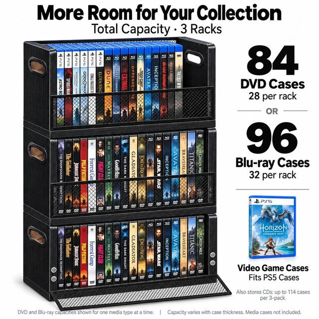Alt view image 4 of 5 - PUTNATRURE DVD CD Storage Rack 3 Pack, Holds 84 DVDs Total, Stackable DVD Tower with Magnetic Opening Door for Easy Access, Black Desktop Organizer for Blu ray, Video Game Cases, VHS Tapes