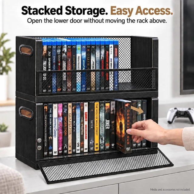 Alt view image 2 of 5 - PUTNATRURE DVD CD Storage Rack 3 Pack, Holds 84 DVDs Total, Stackable DVD Tower with Magnetic Opening Door for Easy Access, Black Desktop Organizer for Blu ray, Video Game Cases, VHS Tapes