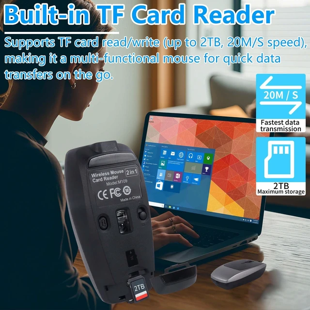 Alt view image 2 of 5 - Wireless Mini Bluetooth Mouse with Card Reader (Up to 2TB),Portable Compact Silent Rechargeable Small Finger Optical Travel Mouse for PC/Laptop/Tablet/Smartphone, Students Kids Girl Boy GiftGre