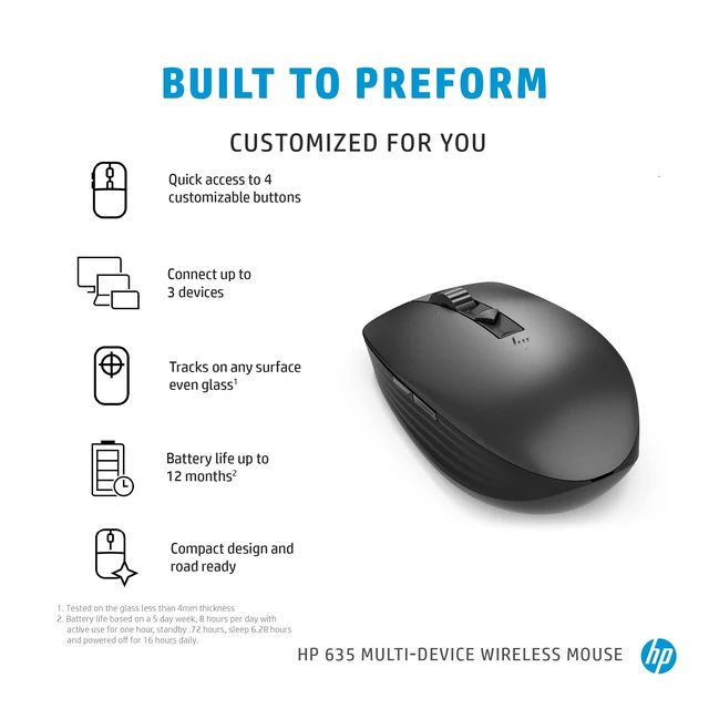 Alt view image 2 of 5 - HP Wireless Multi-Device 635M Mouse - Travel Mouse - Wireless - Bluetooth - Black - USB - 4 Button(s)