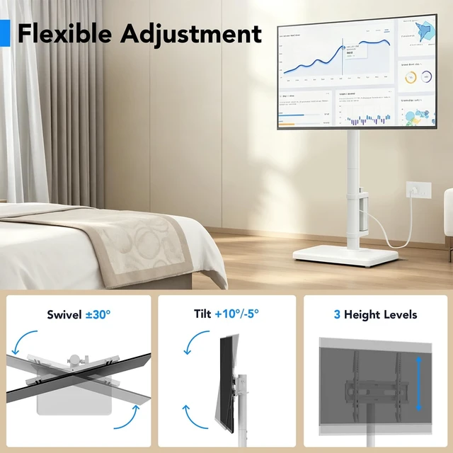 Alt view image 3 of 5 - Floor TV Stand with Power Outlet for 26-55 inch TVs up to 77 lbs, Height Adjustable Swivel Tilt TV Stand with Wood Base, Saving Space Design for Bedroom, Living Room and Corner, White