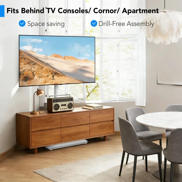 Alt view image 5 of 5 - Floor TV Stand with Power Outlet for 26-55 inch TVs up to 77 lbs, Height Adjustable Swivel Tilt TV Stand with Wood Base, Saving Space Design for Bedroom, Living Room and Corner, White