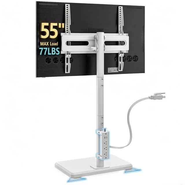 Main image of Floor TV Stand with Power Outlet for 26-55 inch TVs up to 77 lbs, Height Adjustable Swivel Tilt TV Stand with Wood Base, Saving Space Design for Bedroom, Living Room and Corner, White