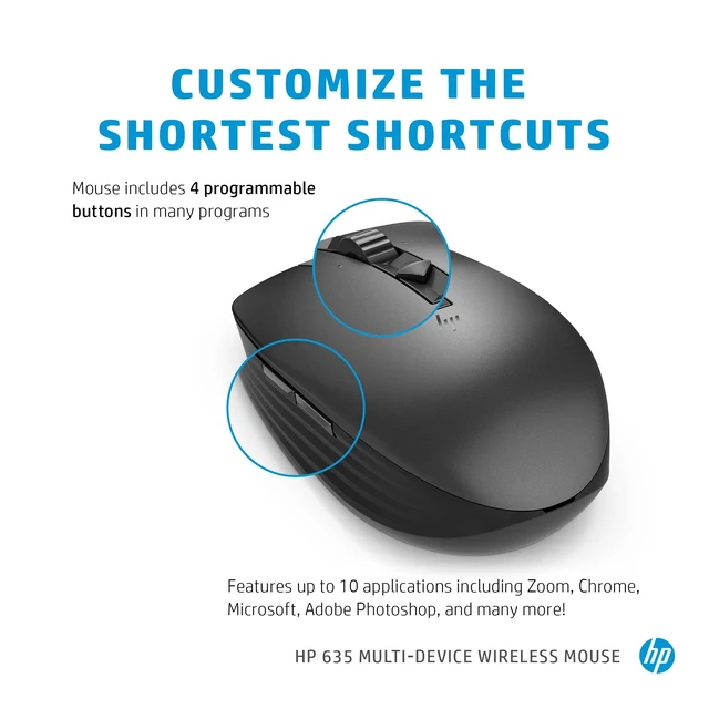Alt view image 3 of 5 - HP Wireless Multi-Device 635M Mouse - Travel Mouse - Wireless - Bluetooth - Black - USB - 4 Button(s)