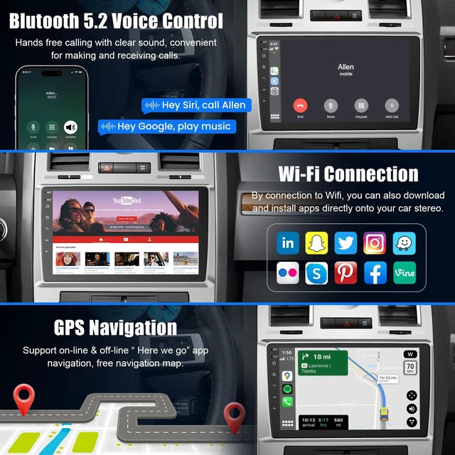 Alt view image 4 of 5 - 5G WiFi Car Radio for Jeep Chrysler 300 300C 2004-2011 with Wireless Carplay&Android Auto, 9 Inch 4+64GB Chrysler Stereo with Voice Control WiFi GPS BT5.2 EQ DSP FM Backup Camera