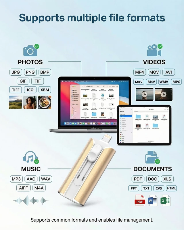 Alt view image 4 of 5 - MFI Certified 256GB Flash Drive for iPhone&iPad&Android&Pc, Photo Stick USB Stick Memory Stick Photo/Video Storage Jump Drive Photo Saver External Flash Drive (Available Space: ~244gb),1 Pack,Gold