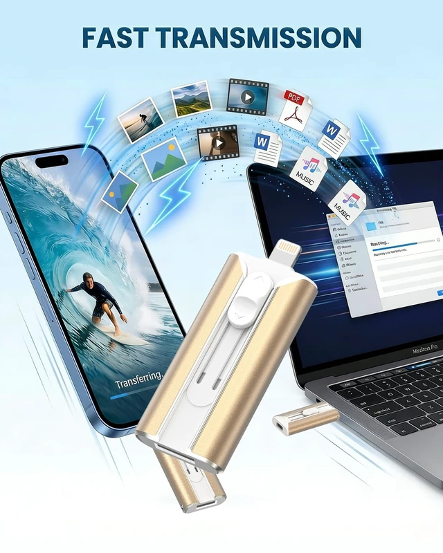 Alt view image 5 of 5 - MFI Certified 256GB Flash Drive for iPhone&iPad&Android&Pc, Photo Stick USB Stick Memory Stick Photo/Video Storage Jump Drive Photo Saver External Flash Drive (Available Space: ~244gb),1 Pack,Gold