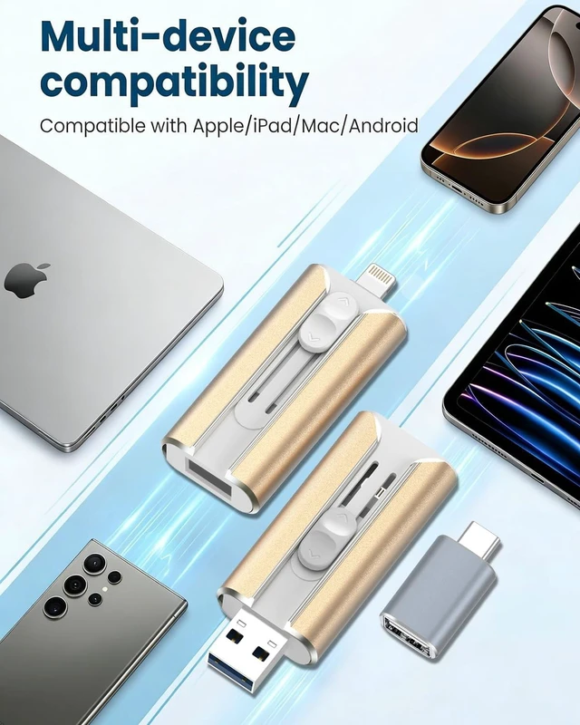 Alt view image 3 of 5 - MFI Certified 256GB Flash Drive for iPhone&iPad&Android&Pc, Photo Stick USB Stick Memory Stick Photo/Video Storage Jump Drive Photo Saver External Flash Drive (Available Space: ~244gb),1 Pack,Gold