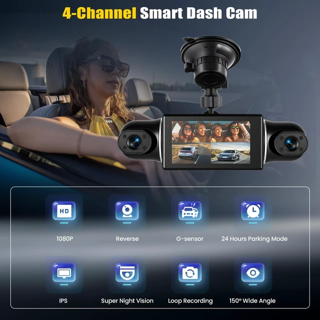 Alt view image 2 of 5 - 4 Channel 360Dash Cam Front and Rear Inside Left Right, 3'' 1080P Dash Camera for Cars, Dash Camera for Cars with G-Sensor,Super Night Vision,Wide Angle,Loop Recording,24 Hours Recording,WiFi