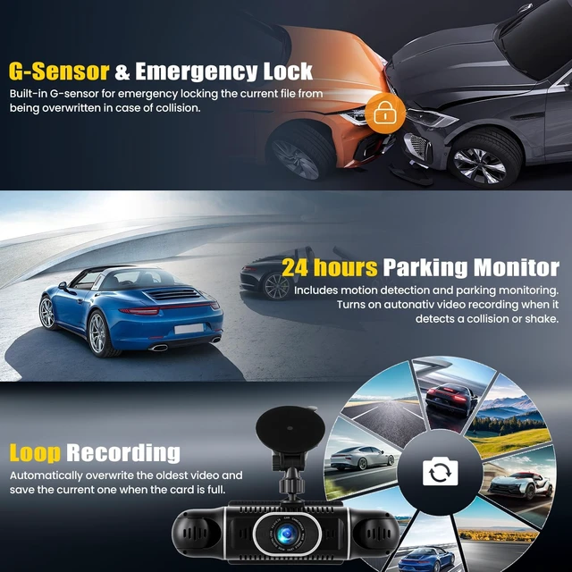 Alt view image 4 of 5 - 4 Channel 360Dash Cam Front and Rear Inside Left Right, 3'' 1080P Dash Camera for Cars, Dash Camera for Cars with G-Sensor,Super Night Vision,Wide Angle,Loop Recording,24 Hours Recording,WiFi
