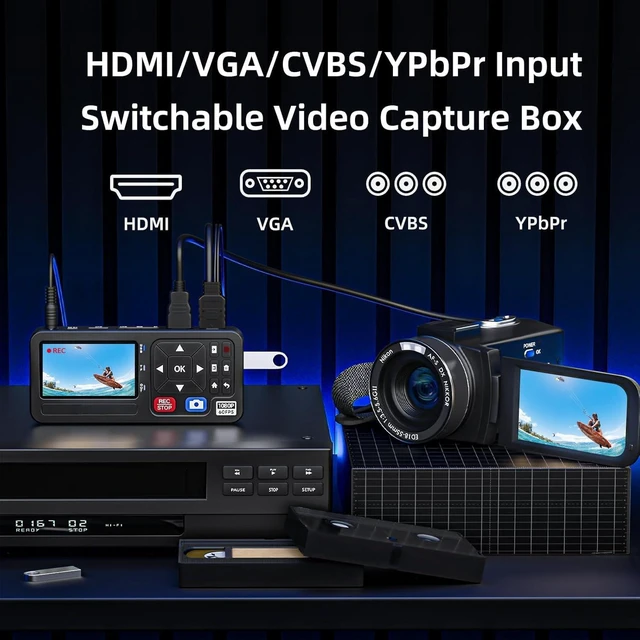 Alt view image 3 of 5 - Portable 4K HD Video Audio to Digital Recorder with Remote, HDMI CVBS YPbPr VGA Video Capture Box Standalone for Recording VHS, VCR, DVR, DVD, Hi8, DV Player, Camcorder, Gaming Consoles to USB SD Card