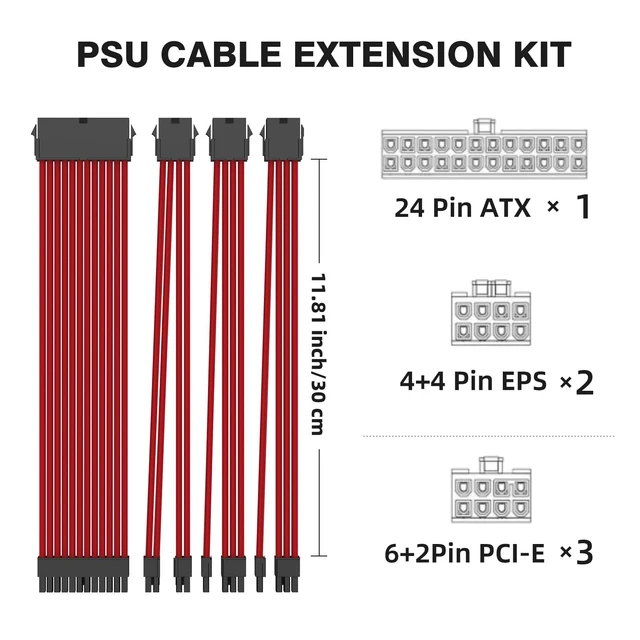 Alt view image 3 of 5 - SMEOZZ 16AWG PSU Cable Extension Kit with Cable Combs,1x24pin ATX/2x8pin(4+4) EPS/3x8pin(6+2) PCIE Extension Cable,Cable Extension PC Sleeved Cables 30cm Length,Power Supply Extension Cable Kit(Red)