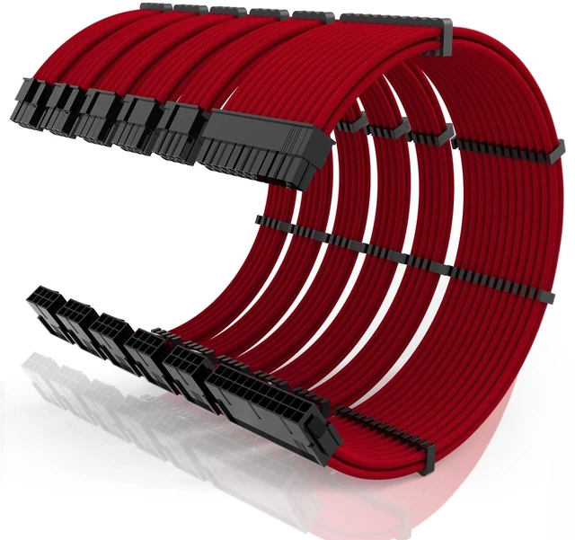 Main image of SMEOZZ 16AWG PSU Cable Extension Kit with Cable Combs,1x24pin ATX/2x8pin(4+4) EPS/3x8pin(6+2) PCIE Extension Cable,Cable Extension PC Sleeved Cables 30cm Length,Power Supply Extension Cable Kit(Red)
