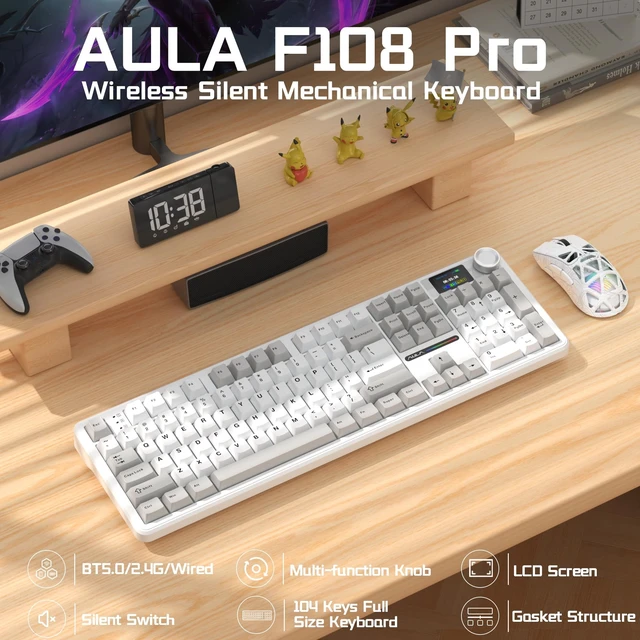 Alt view image 2 of 5 - AULA F108 PRO Wireless Mechanical Keyboard with Screen & Knob, Full Size Keyboard with Silent Switch, Tri-Mode BT5.0/2.4GHz/USB-C, Pre-lubed Switches, RGB Backlit Hot Swappable Custom Gaming Ke