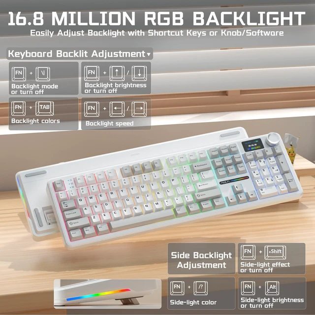 Alt view image 5 of 5 - AULA F108 PRO Wireless Mechanical Keyboard with Screen & Knob, Full Size Keyboard with Silent Switch, Tri-Mode BT5.0/2.4GHz/USB-C, Pre-lubed Switches, RGB Backlit Hot Swappable Custom Gaming Ke