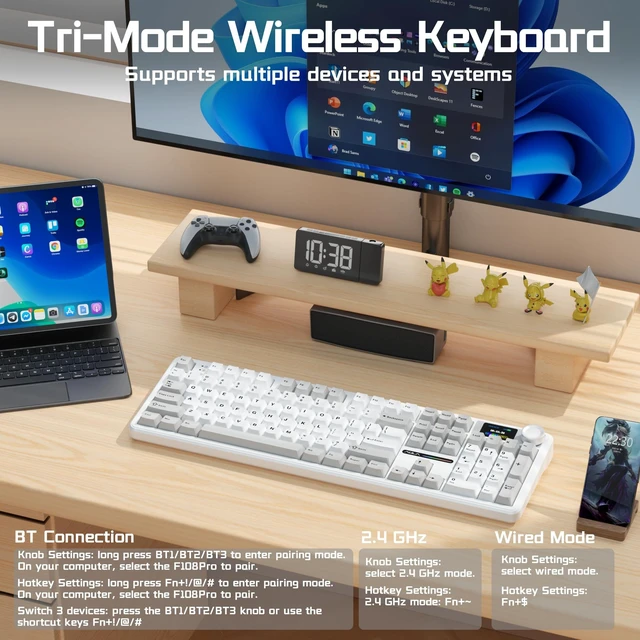 Alt view image 4 of 5 - AULA F108 PRO Wireless Mechanical Keyboard with Screen & Knob, Full Size Keyboard with Silent Switch, Tri-Mode BT5.0/2.4GHz/USB-C, Pre-lubed Switches, RGB Backlit Hot Swappable Custom Gaming Ke