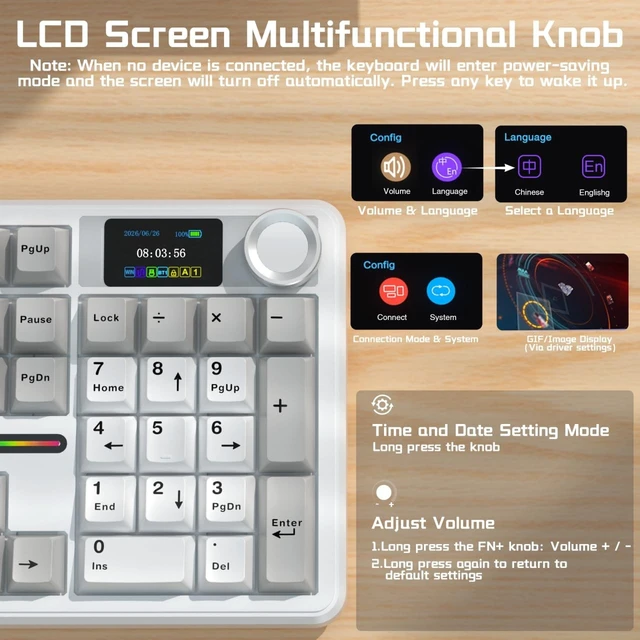 Alt view image 3 of 5 - AULA F108 PRO Wireless Mechanical Keyboard with Screen & Knob, Full Size Keyboard with Silent Switch, Tri-Mode BT5.0/2.4GHz/USB-C, Pre-lubed Switches, RGB Backlit Hot Swappable Custom Gaming Ke
