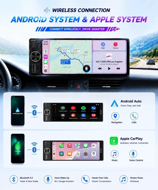 Alt view image 2 of 5 - 6.5" Wireless CarPlay Single Din Car Stereo,Touchscreen Car Radio