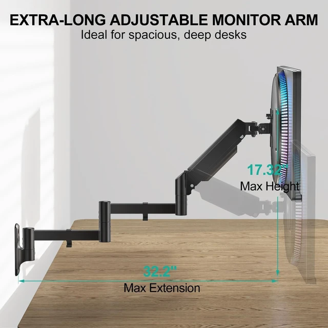 Alt view image 4 of 5 - WALI Long Arm Monitor Wall Mount for 17-33 inch Screens, up to 22lbs