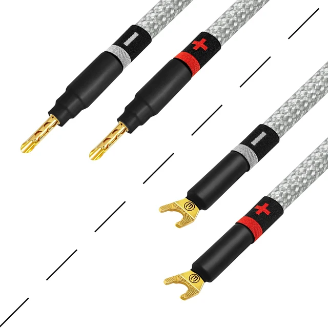 Alt view image 4 of 5 - WORLDS BEST CABLES 10 Foot Ultimate - 7 AWG - Ultra-Pure OFC - Premium Audiophile HiFi Speaker Cable for Center Channel with Eminence Gold Banana (x2) & Spade (x2) Plugs & Silver Tweed Jacket