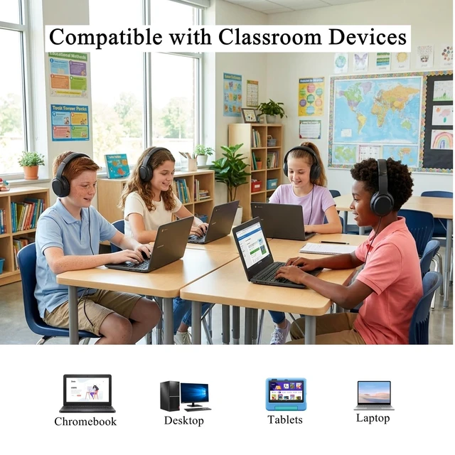 Alt view image 2 of 5 - MIXCU Classroom Wired Headphones 10-Pack, Over-Ear 3.5mm for K-12 Schools