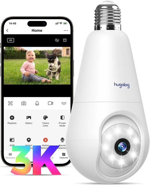 Main image of Hugolog 3K 5MP Light Bulb Security Cameras Wireless Outdoor-2.4GHz Cameras for Home Security Indoor with AI Sound Processing&Motion Detection,Color Night Vision,Auto Tracking,Siren Alarm,2-Way