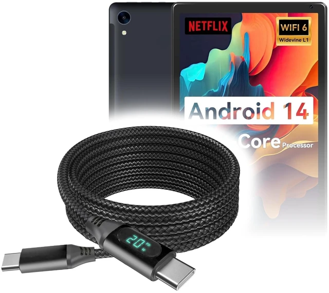 Main image of BoxWave Cable Compatible with Urao Android Tablet (10.1 in) - PowerDisplay PD Cable (6ft) - USB-C to USB-C (100W), LED Wattage Info Extra Long Braided Nylon - Jet Black