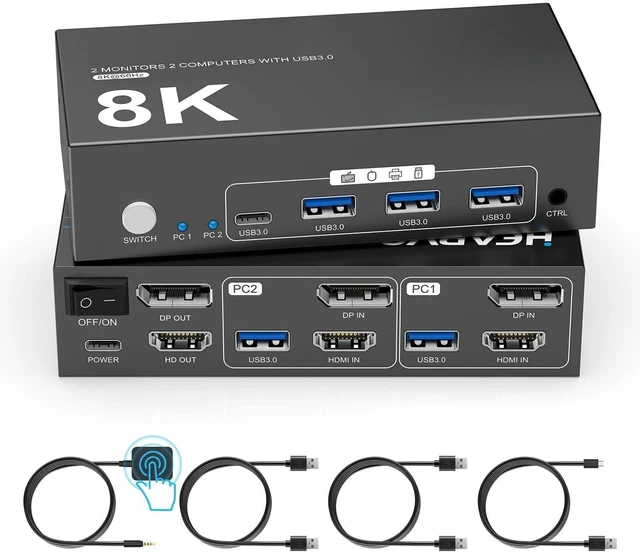 Main image of KVM Switch 2 Monitors 2 Computers, HDMI + DisplayPort,8K@60Hz