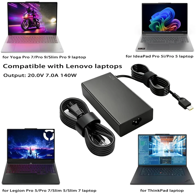 Alt view image 4 of 5 - 140W USB-C Charger for Lenovo ThinkPad P1 Gen8 Gen9 P16v Z16 Gen2 P16s