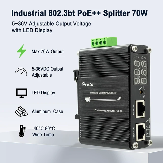 Alt view image 2 of 5 - Industrial Gigabit Smart PoE++ Splitter 10/100/1000Mbps IEEE802.3af/at/bt with LED Display and Adjustable Output Voltage 5~36VDC 70W for Non-PoE Devices (Smart PoE Splitter 95W)