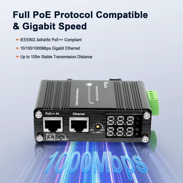 Alt view image 4 of 5 - Industrial Gigabit Smart PoE++ Splitter 10/100/1000Mbps IEEE802.3af/at/bt with LED Display and Adjustable Output Voltage 5~36VDC 70W for Non-PoE Devices (Smart PoE Splitter 95W)