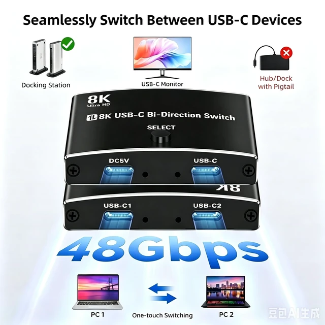 Alt view image 5 of 5 - 40Gbps USB C Switch for 2 Computers, USBC Switcher,2 USB-C Cables