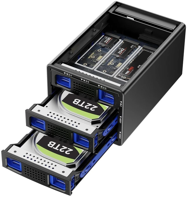 Main image of Hybrid 2*2.5/3.5" SATA HDD/SSD(Support RAID 1/0/JBOD/NORMAL)+3* M / B+M Key M.2 NVMe Enclosure with Fan, USB A/C 3.2 Gen 2, Hard Drive Enclosure Support 68TB(2*22TB HDD+3*8TB 2230/42/60/80/110 SSDs)