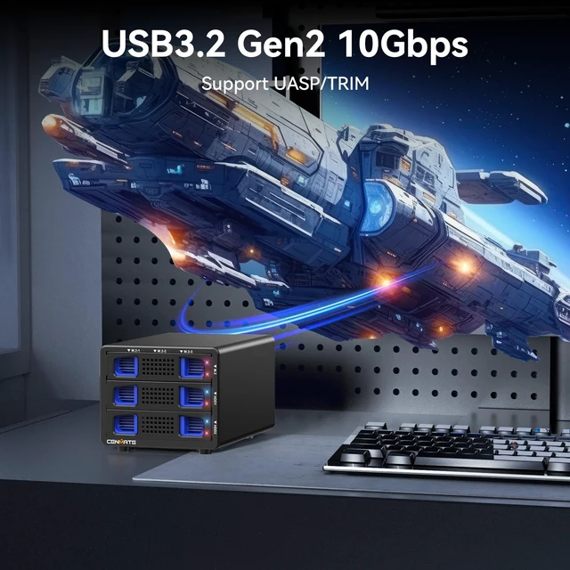 Alt view image 5 of 5 - Hybrid 2*2.5/3.5" SATA HDD/SSD(Support RAID 1/0/JBOD/NORMAL)+3* M / B+M Key M.2 NVMe Enclosure with Fan, USB A/C 3.2 Gen 2, Hard Drive Enclosure Support 68TB(2*22TB HDD+3*8TB 2230/42/60/80/110 SSDs)